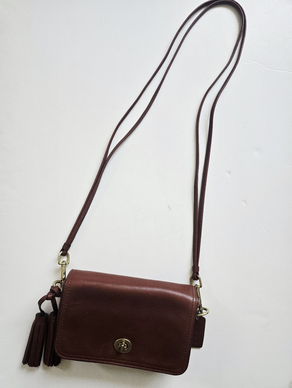 COACH VTG Y2k Legacy Cognac Leather Penny Crossbody Purse Tassels Turnlock - Picture 6 of 16
